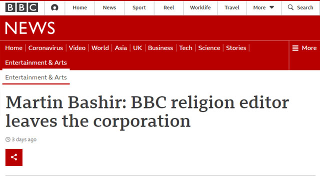 BBC는 인터넷 뉴스 등을 통해 마틴 바시르가 건강상의 이유로 회사를 떠난다는 것을 밝혔다. [사진 출처 : BBC 인터넷 홈페이지]