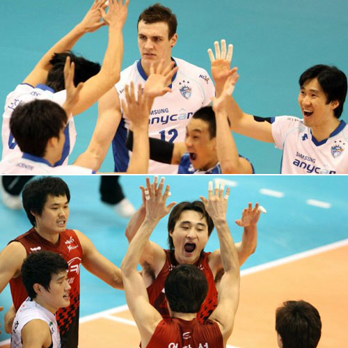 20일 대전 충무체육관에서 열린 프로배구 V리그 삼성화재와 LIG의 경기. 공격에 성공한 뒤 삼성화재와 LIG 선수들이 기뻐하고 있다.