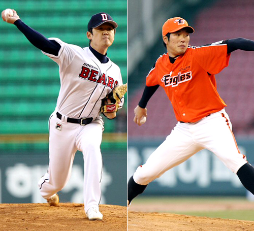 6일 오후 서울 잠실야구장에서 열린 프로야구 두산과 한화의 경기 1회초에서 두산 선발투수 김선우(사진 왼쪽)와 한화 선발투수 유원상이 역투하고 있다.