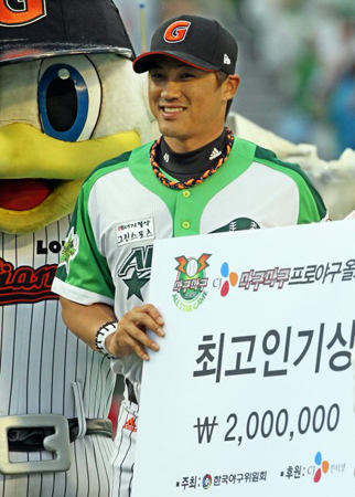 24일 대구시민운동장에서 열린 2010 프로야구 올스타전 이스턴리그-웨스턴리그 경기 전, 팬 투표 결과 최다득표를 한 이스턴리그 홍성흔(롯데)이 ‘마구마구 최고인기상’을 수상하고 있다.