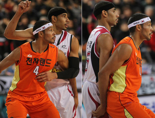 12일 인천삼산월드체육관에서 열린 2010-2011 프로농구 인천 전자랜드-창원 LG 경기, LG 문태영과 전자랜드 문태종 형제가 치열한 몸싸움을 하고 있다. 문태영이 36점으로 맹활약한 LG가 전자랜드를 76대72로 물리치고 3연승에 성공했다.