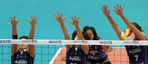 27일 성남실내체육관에서 벌어진 NH 농협 2010-2011 프로배구 V리그 여자부 현대건설과 한국도로공사의 경기에서 도로공사 사라파반(오른쪽)이 현대건설 윤혜숙의 스파이크를 얼굴로 막고 있다. 현대건설 세트 스코어 3대0 승.