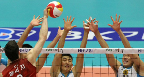 29일 성남실내체육관에서 벌어진 NH 농협 2010-2011 프로배구 V리그 남자부 LIG손해보험과 상무신협의 경기에서 LIG손해보험 페피치(앞)가 상무신협 강동진(오른쪽).하현용의 블로킹을 앞에 두고 스파이크를 날리고 있다. LIG손해보험 세트 스코어 3대0 승.
