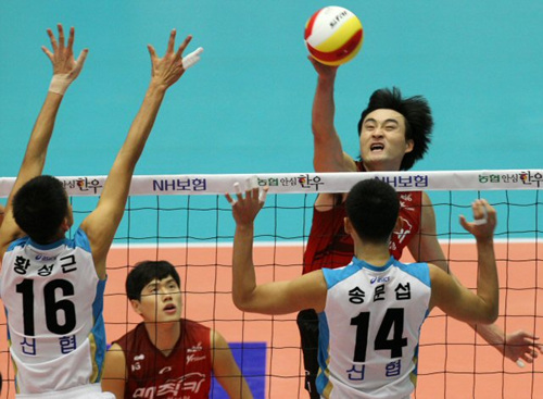 29일 성남실내체육관에서 벌어진 NH 농협 2010-2011 프로배구 V리그 남자부 LIG손해보험과 상무신협의 경기에서 LIG손해보험 이경수(뒤)가 상무신협 황성근.송문섭의 블로킹을 앞에 두고 스파이크를 날리고 있다.