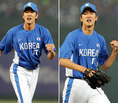 14일 오후 타이완 타이중 인터컨티넨털 구장에서 열린 베이징올림픽 야구 최종 예선 7차전 경기. 5회말 2사 1루 김광현이 타자를 삼진 아웃시킨 뒤 환호 하고 있다. 