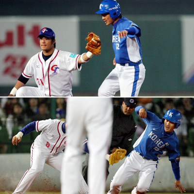 14일 오후 타이완 타이중 인터컨티넨털 구장에서 열린 베이징올림픽 야구 최종 예선 7차전 한국과 타이완 경기. 3회초 무사 1루, 김주찬이 이승엽 타석때 2루로 도루, 세이프 되고 있다. / 14일 오후 타이완 타이중 인터컨티넨털 구장에서 열린 베이징올림픽 야구 최종 예선 7차전 한국과 타이완 경기. 3회초 무사 1루, 김주찬이 이대호 타석때 3루로 도루, 세이프 되고 있다. 