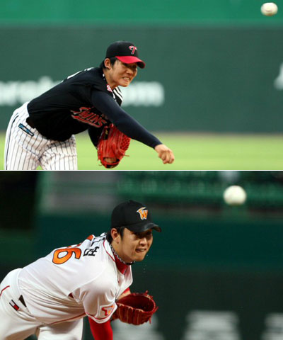 11일 인천 문학구장에서 열린 2008 프로야구 SK 와이번스-LG 트윈스 경기에서 LG 선발 투수 정찬헌(위)과 SK 선발 투수 송은범이 역투하고 있다. 