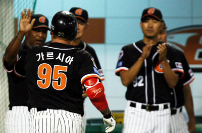 26일 대전 한밭야구장에서 열린 2008프로야구 롯데-한화 경기 3-4로 뒤진 4회초 1사에서 롯데 가르시아가 동점 솔로포를 날린 뒤 홈에서 로이스터 감독과 하이파이브를 하고 있다. 