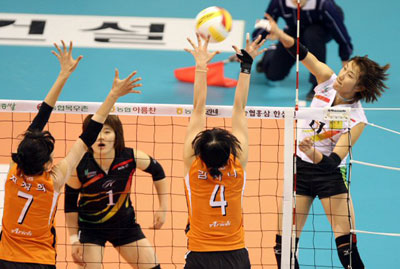 24일 대전 충무체육관에서 벌어진 2008-2009 프로배구 V-리그 여자부 현대건설-KT&G 경기에서 현대건설 한유미가 KT&G 지정희(7번), 김사니(4번)의 블로킹 위로 강타를 때리고 있다. 
