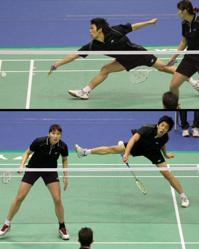 15일 서울 올림픽 제2체육관에서 열린 '2009 요넥스코리아오픈 배드민턴 슈퍼시리즈' 혼합복식 16강전에 출전한 이용대-이효정이 덴마크 라르센 미켈델보-쇼젯 크리스텐슨을 상대로 공격을 하고 있다. 