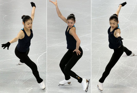 4일 오전 캐나다 밴쿠버 퍼시픽 콜리세움에서 열린 2009 국제빙상경기연맹(ISU) 4대륙 피겨선수권대회 공식 연습, 김연아가 열정적인 연기를 펼치고 있다. 