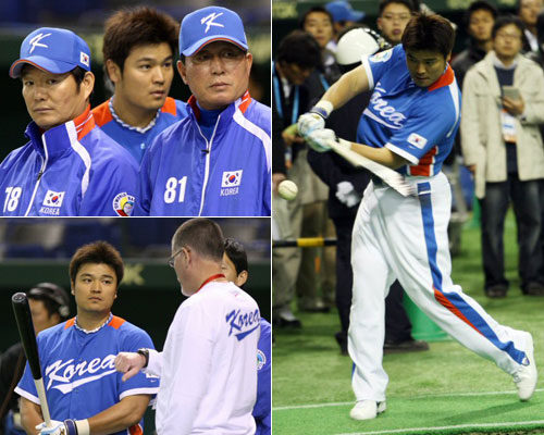 4일 일본 도쿄돔에서 월드베이스볼클래식(WBC) 대한민국 대표팀 추신수가타격 연습을 하고 있다. 추신수는 왼쪽 팔꿈치 통증으로  WBC 아시아예선전 담당 주치의 소견에 따라 대회 출전 여부를 결정하게 된다.(사진 오른쪽)<BR>한국 대표팀 공식 연습에서 추신수가 김인식 감독의 곁을 지나가고 있다.(사진 왼쪽 위)<BR>추신수가 트레이너와 대화를 나누고 있다.(사진 왼쪽 아래) 