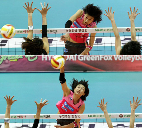 5일 수원실내체육관에서 벌어진 2008-2009 프로배구 여자부 흥국생명-현대건설 경기에서 흥국생명 김연경이 스파이크를 하고 있다. 현대건설이 흥국생명을 3대0으로 완파했다. 