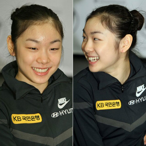 사상초유의 200점대 기록으로 국제빙상경기연맹 2009 피겨세계선수권대회에서 우승한 피겨퀸 김연아가 30일 오전(한국시간) 미국 로스앤젤레스 스테이플스센터에서 열린 갈라쇼에 앞서 주요 외신들과 기자회견을 하던 도중 웃고 있다. 