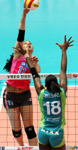  6일 인천 도원체육관에서 열린 여자 프로배구 챔피언결정전 GS칼텍스와 흥국생명의 경기. 흥국생명 카리나의 공격을 GS칼텍스 데라크루즈가 가로막고 있다. 