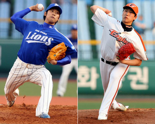 6일 대전구장에서 열린 2009 프로야구 한화 이글스-삼성 라이온즈 경기, 삼성 선발투수 윤성환(왼쪽)과 한화 선발투수 김혁민이 역투하고 있다. 