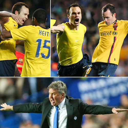 7일(한국시간) 영국 런던 스탬퍼드 브리지에서 열린 첼시와 바르셀로나의 2008-2009 UEFA 챔피언스리그 준결승 2차전 원정경기에서 후반 인저리타임에 극적인 동점골을 성공시킨 바르셀로나의 이니에스타가 환호하고 있다. 아래는 선수들에게 지시를 내리고 있는 히딩크 감독. 

바르셀로나가 원정 다득점 원칙에 따라 극적으로 결승행 티켓을 따내며 맨유와 결승을 다투게 됐다. 