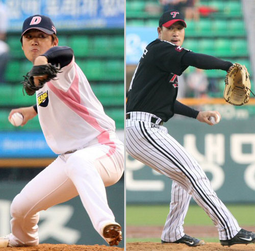  7일 오후 서울 잠실야구장에서 열린 두산과 LG의 경기에서 두산 선발투수 김선우와 LG 선발투수 봉중근이 역투하고 있다.
 