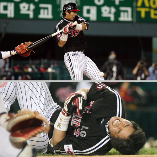   7일 오후 서울 잠실야구장에서 열린 두산과 LG의 경기. 6회초 2사 1,2루에서 LG박경수가 두산 김선우의 공을 맞고 쓰러지고 있다. <br>박경수는 2회에도 김선우의 공에 머리를 맞았다. 