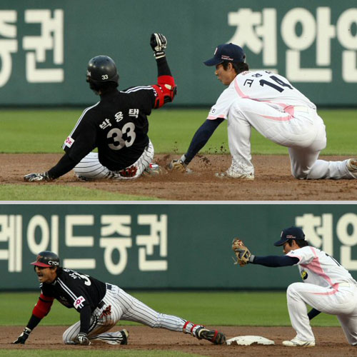  7일 서울 잠실야구장에서 열린 프로야구 두산과 LG의 경기, 2회 초 2사 2,3루 상황 LG 박용택이 2타점 2루타를 성공시키고 있다. <br>박용택은 2루에 안착했으나 발이 2루 베이스에서 떨어져 아웃. (아래) 