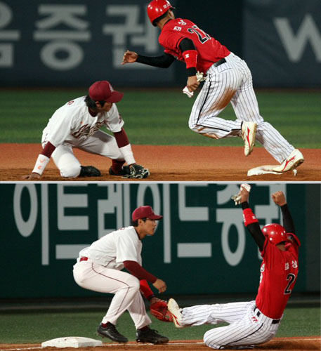   7일 오후 서울 목동야구장에서 열린 히어로즈와 KIA의 경기에서 4회초 무사 KIA 차일목 타석때 1루주자 김상현이 2루 도루에 성공한 뒤 이어 3루 도루에 성공하고 있다. 