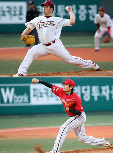   7일 오후 서울 목동야구장에서 열린 히어로즈와 KIA의 경기에서 1회초 히어로즈 선발투수 마일영과 KIA 선발투수 곽정철이 역투하고 있다. 