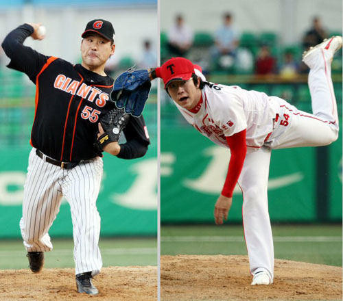   8일 광주무등경기장에서 벌어진 2009 프로야구 KIA 타이거즈와 롯데 자이언츠의 경기에서 롯데 선발투수 김일엽과 KIA 선발투수 양현종이 역투를 펼치고 있다. 