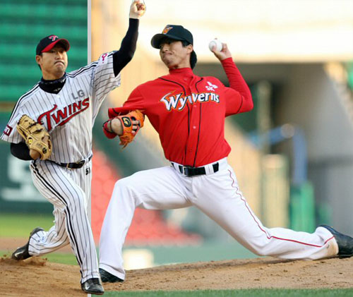  13일 오후 서울 잠실야구장에서 열린 프로야구 LG와 SK의 경기에서 1회초 LG 선발투수 봉중근과  SK 선발투수 고효준이 역투하고 있다. 