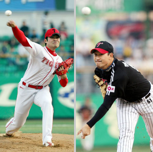 19일 광주무등경기장에서 벌어진 2009 프로야구 KIA 타이거즈와 LG 트윈스의 경기에서 KIA 선발투수 곽정철, LG 선발투수 봉중근이 역투 하고 있다. 