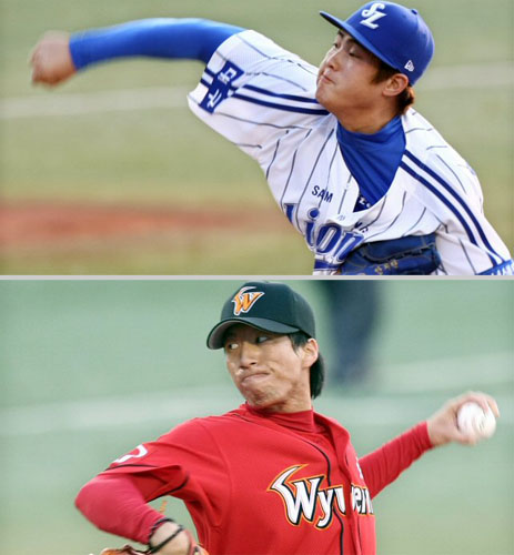   19일 대구구장에서 열린 프로야구 삼성 라이온즈-SK 와이번스전에서 삼성 선발투수 안지만, SK 선발투수 고효준이 힘차게 공을 던지고 있다. 