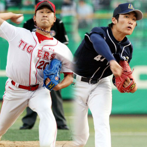 4일 광주 무등경기장에서 벌어진 2009 프로야구 KIA 타이거즈와 두산 베어스의 경기에서 KIA 선발투수 윤석민과 두산 선발투수 홍상삼이 역투하고 있다. 