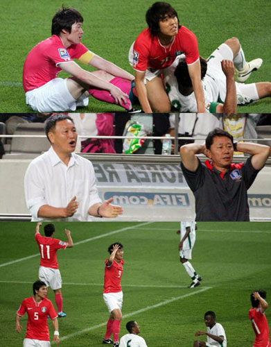 10일 서울월드컵경기장에서 열린 2010 남아공 월드컵 아시아지역 최종예선에서 박지성과 박주영이 사우디아라비아 문전에서 슛 기회가 무산되자 안타까워하고 있다. (사진 위) 슛이 빗나가자 허정무 감독과 대표팀 선수들이 아쉬워하고 있다. 