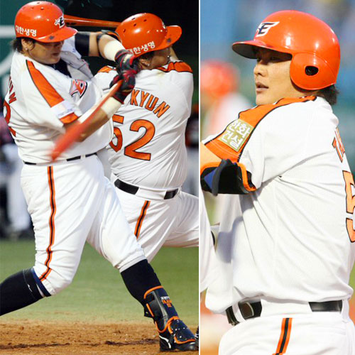  26일 오후 대전야구장에서 열린 2009프로야구 한화와 롯데의 경기. 한화 김태균이 4회말 1사 1루 안타를(왼쪽 위·오른쪽 사진) 5회말 2사 만루에서 2타점 적시타를 치고 있다. 