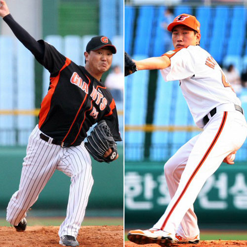 26일 오후 대전야구장에서 열린 2009프로야구 한화와 롯데의 경기에서 롯데 선발투수 손민한과 한화의 선발투수 김혁민이 역투하고 있다. 