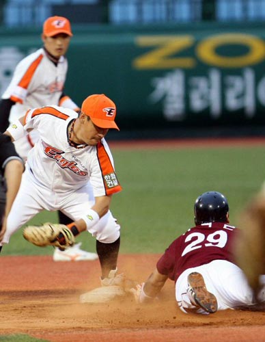 7일 대전 한밭야구장에서 열린 2009 프로야구 한화 이글스-히어로즈 경기, 히어로즈 이택근(오른쪽)이 2루 도루에 성공하고 있다. 
