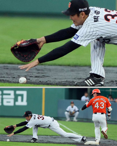  15일 부산 사직야구장에서 열린 프로야구 롯데와 한화의 경기. 3회초 선두타자로 나온 한화 연경흠이 땅볼 타구를 때린 뒤 롯데 1루수 박종윤이 송구된 볼을 아슬아슬하게 놓치며 세이프되고 있다. 