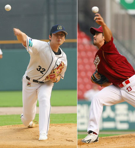 19일 오후 서울 잠실야구장에서 열린 프로야구 히어로즈 대 두산베어스의 경기에서 두산베어스 선발투수 김선우와 히어로즈 선발 장원삼이 역투하고 있다. 