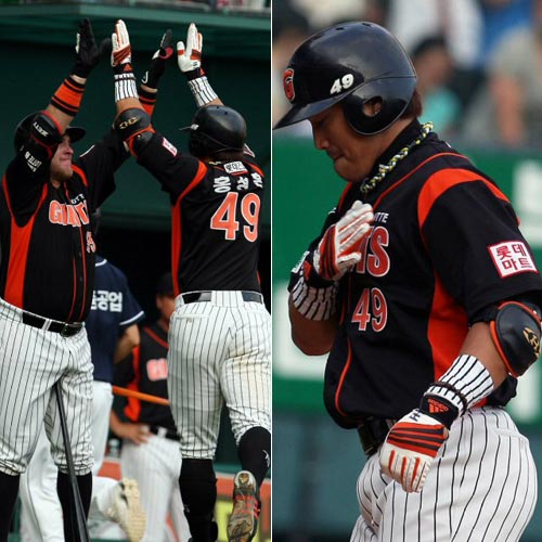 22일 서울 잠실야구장에서 열린 2009 프로야구 두산 베어스-롯데 자이언츠 경기, 롯데 홍성흔이 2회초 1점 홈런을 친 후 팀 동료 가르시아와 하이파이브를 하고 있다. 