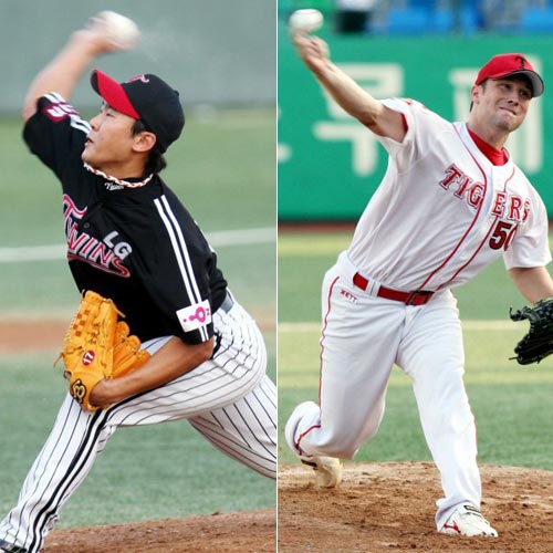  22일 광주 무등경기장에서 열린 2009 프로야구 KIA 타이거즈-LG 트윈스 경기, LG 선발 투수 김광수(왼쪽)와 KIA 선발 투수 구톰슨이 역투하고 있다. 