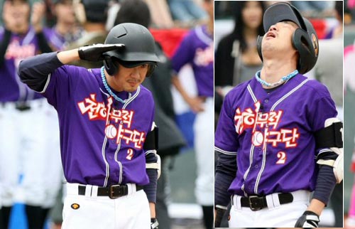 25일 광주 무등야구장에서 열린 2009 프로야구 올스타전에 앞서 KBS 인기 프로그램 ‘천하무적 야구단’ 출연진과 올스타 선수들이 참가하는 ‘천하무적 야구 이벤트’가 열려 천하무적팀 이하늘이 거수 경례를 하며 타석에 들어선 후 타격에 실패하자 아쉬워 하고 있다. 