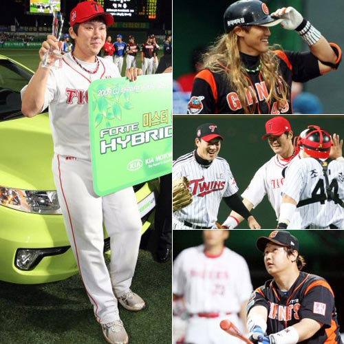 25일 광주 무등경기장에서 열린 2009 프로야구 올스타전 이스턴리그-웨스턴리그 경기, 2점 홈런을 친 웨스턴리그 안치홍(KIA)이 미스터 올스타에 선정된 뒤 기념촬영을 하고 있다.(사진 왼쪽)<br>이스턴리그 홍성흔(롯데)이 가발을 쓴 채 타석에 들어서고 있다.(사진 오른쪽 위)<br> 웨스턴리그 마무리 투수로 등판한 봉중근(LG)이 7대3 승리를 확정지은 후 팀 동료 조인성(LG), 최희섭(KIA) 등과 함께 기뻐하고 있다.(사진 오른쪽 가운데)<BR> 홈런 레이스 결승에서 웨스턴리그 최희섭(KIA)를 누르고 홈런왕에 등극한 이스턴리그 이대호(롯데)가 자신이 친 홈런 타구를 바라보고 있다.(사진 오른쪽 아래) 