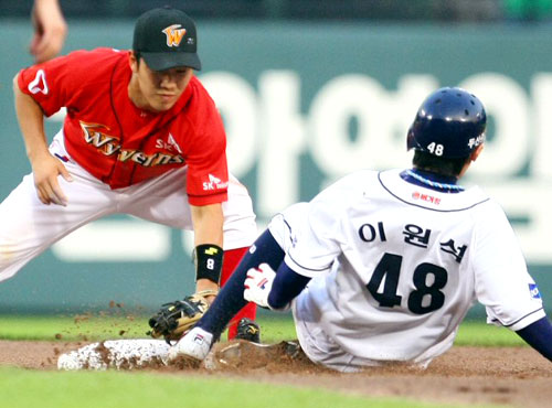 31일 서울 잠실야구장에서 열린 2009 프로야구 두산과 SK의 경기에서 3회말 무사 두산의 1루 주자 이원석이 타석에 선 팀 동료 최승환의 삼진을 틈타 2루를 훔치다 SK 포수 정상호의 공을 이어받은 2루수 정근우에게 태그아웃 되고 있다. 