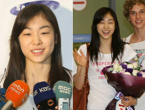 '피겨퀸' 김연아가 11일 오전 인천공항을 통해 귀국, 기자들과 만나 질문에 답하고 있다. 김연아 오는 14일 올림픽공원 제1체육관에서 열리는 '삼성 애니콜 ★하우젠 아이스 올스타즈 2009'에서 멋진 연기를 선보일 예정이다. 사진 오른쪽은 아이스쇼 무대에 함께 설 애덤 리폰. 