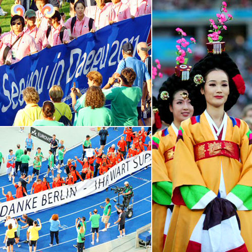 24일 오전(한국시간) 독일 베를린 올림피아슈타디온에서 열린 2009 세계육상선수권대회 폐막식에서 한국선수들이 '2011년 대구에서 만나자'는 플래카드를 들고 입장하고 있는 가운데 (사진 왼쪽 상단)  한국 전통무용단원이 2011년 대구 세계육상선수권을 알리는 공연을 펼치고 있다. 개최국 독일 선수들이 플랭 카드를 들고 관중들에게 감사의 인사를 하고 있다. (사진 왼쪽 하단) 