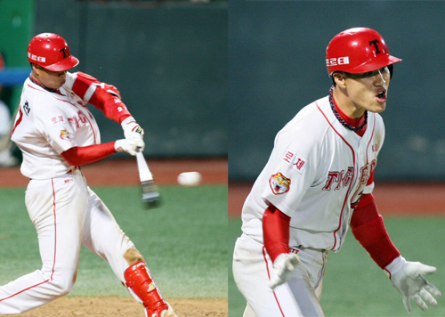 KIA 타이거즈 김상현이 26일 광주 무등경기장에서 열린 한화 이글스와 경기에서 5회말 2사 1,2루때 3점 홈런을 친 후 포효하고 있다. 