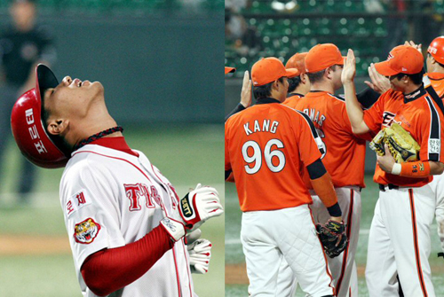  27일 광주 무등경기장에서 열린 2009 프로야구 기아 타이거즈와 한화 이글스의 경기에서 3회말 2사 만루 찬스에서 기아 김상현이 내야땅볼을 치고 아쉬워하고 있다.(왼쪽) 27일 광주 무등경기장에서 열린 2009 프로야구 기아 타이거즈와 한화 이글스의 경기에서 7-1로 승리한 한화 선수들이 좋아하고 있다. 