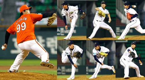 17일 오후 잠실경기장에서 열린 2009 프로야구 두산과 한화의 경기에서 두산이 매회 투수를 교체하며 6회까지 6명의 투수를 마운드에 올리며 9실점한 반면 한화는 선발투수 류현진 혼자 6회까지 1실점하며 마운드를 지키고 있다. 한화 류현진과 왼쪽 위부터 1회 두산 선발투수 이재우, 2회 금민철, 3회 김성배, 아래 왼쪽부터 4회 박정배, 5회 김상현, 6회 지승민이 역투하는 모습. 
 
