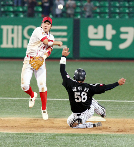  18일 광주 무등경기장에서 열린 2009 프로야구 기아 타이거즈와 LG 트윈스의 경기에서 7회초 1사 1, 2루 기아 2루수 안치홍이 LG 1번 이대형의 땅볼을 병살타로 연결하고 있다. 기아 6-1 리드. 