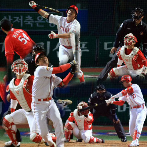 16일 광주 무등경기장 야구장에서 열린 프로야구 한국시리즈 1차전 SK 와이번즈와 KIA 타이거즈와 경기에서 4회 말 4번 타자 최희섭, 5번 타자 김상현(1타점), 6번 타자 이종범이 모두 플라이 아웃을 기록하고 있다. 