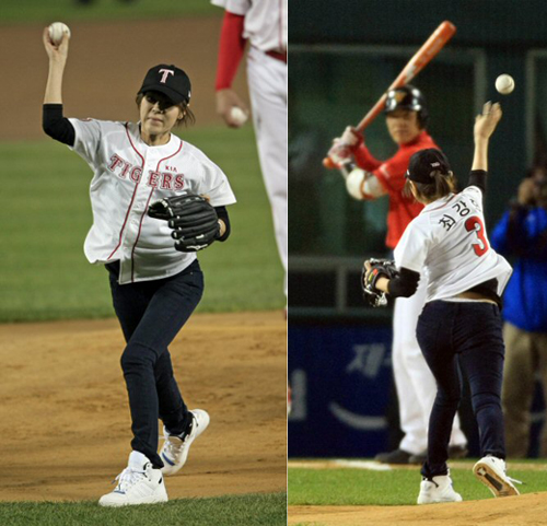 22일 서울 잠실야구장에서 열리는 프로야구 한국시리즈 5차전 기아타이거즈와 SK와이번스의 경기에 앞서 최강희가 시구하고 있다. 